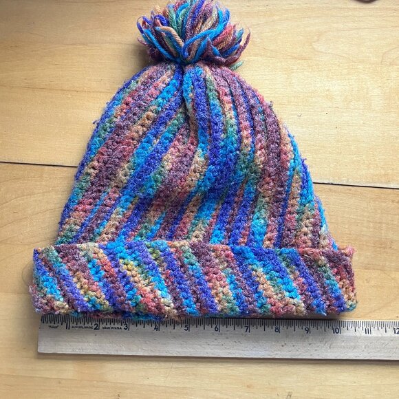 Artisan Handmade Ribbed Pom Pom Hat – Vibrant Self-Striping Yarn OS - Picture 2 of 7
